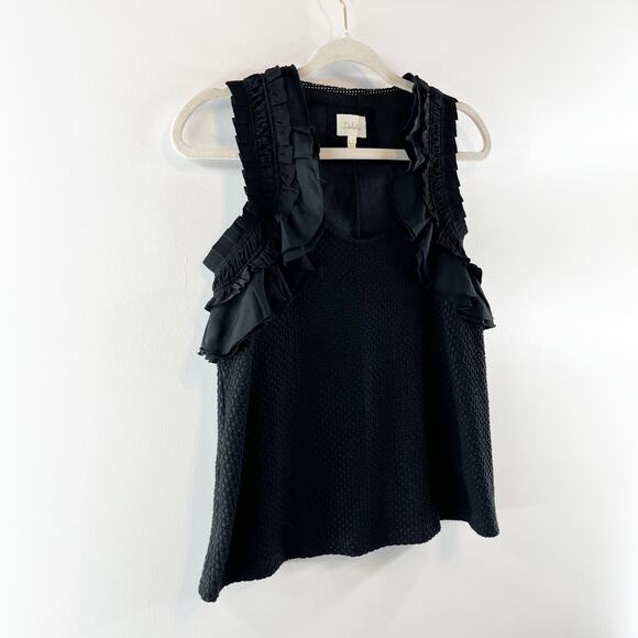 Deletta Anthropologie Ruffle Shoulder Trim Textured Stretch Tank Top Black Small - Picture 8 of 13